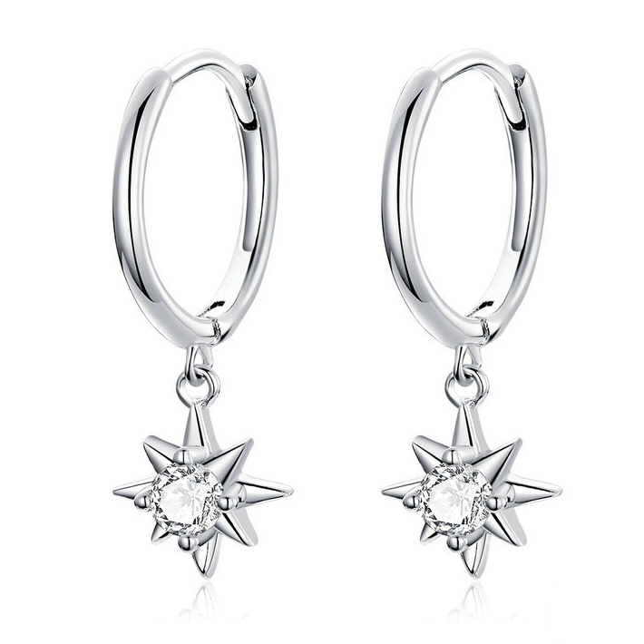 Boucles d’Oreilles Créoles Pendentif Étoiles <titolo_esteso><span>en argent 925 plaqué or blanc avec zircons blancs</span></titolo_esteso>