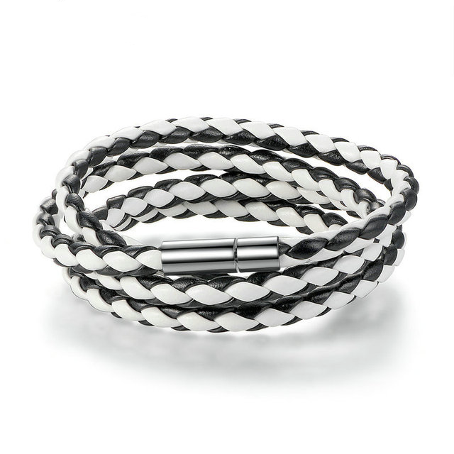 Bracelet en Cuir Blanc et Noir <titolo_esteso><span>avec fermeture magnétique et longueur 60 cm</span></titolo_esteso>