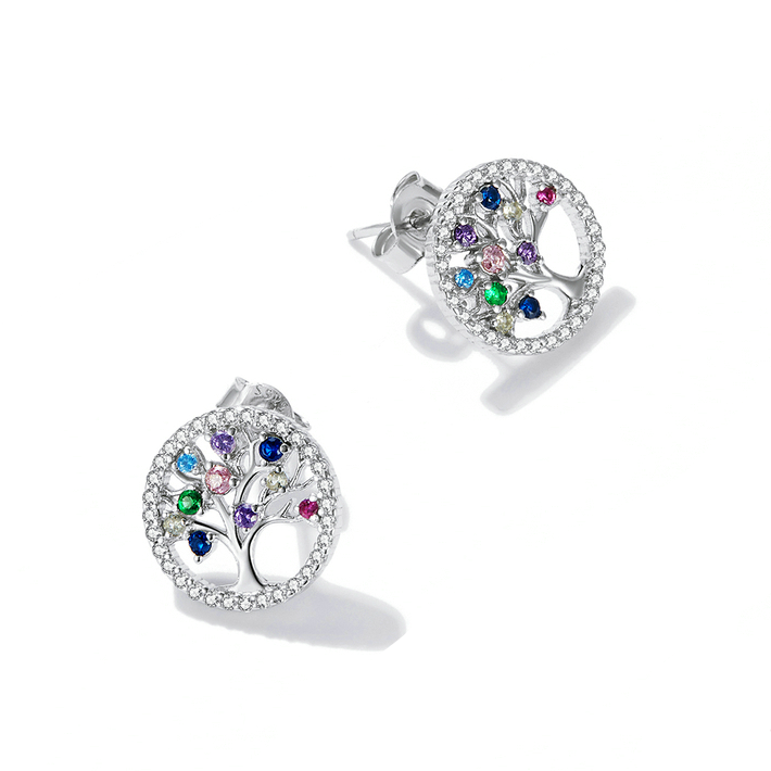 Boucles d’Oreilles Arbre de Vie <myopt><span>Puces en Argent Sterling 925 plaqué or blanc avec pavé de zircons colorés</span></myopt> - Image 3