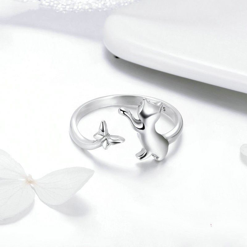 Bague Chat avec Papillon <titolo_esteso><span>en argent 925 plaqué or blanc ajustable</span></titolo_esteso> - Image 4