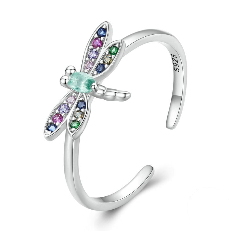 Bague Libellule <titolo_esteso><span>en argent 925 plaqué or blanc ajustable avec zircons colorés</span></titolo_esteso>