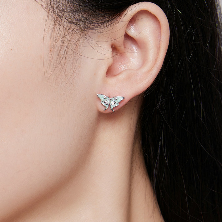 Boucles d'Oreilles Papillons <titolo_esteso><span>en argent 925 plaqué or blanc émaillées verts avec zircons blancs</span></titolo_esteso> - Image 2