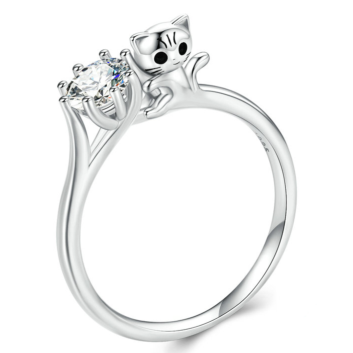 Bague Solitaire avec Chat <titolo_esteso><span>en argent 925 plaqué or blanc avec zircon blanc</span></titolo_esteso>
