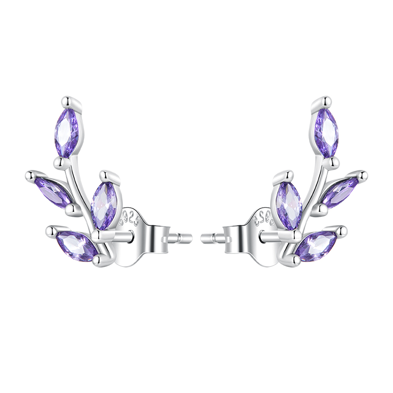 Boucles d'Oreilles Feuilles <titolo_esteso><span>en argent 925 plaqué or blanc avec zircons violets</span></titolo_esteso>