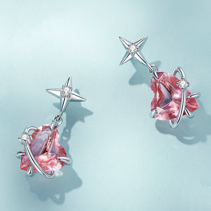 Boucles d'Oreilles Coeurs et Étoiles <titolo_esteso><span>en argent 925 plaqué or blanc avec zircons roses et blancs</span></titolo_esteso> - Image 4