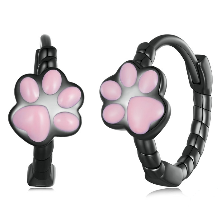 Boucles d’Oreilles Créoles Pattes de Chat <titolo_esteso><span>en argent 925 plaqué noir émaillé rose</span></titolo_esteso>