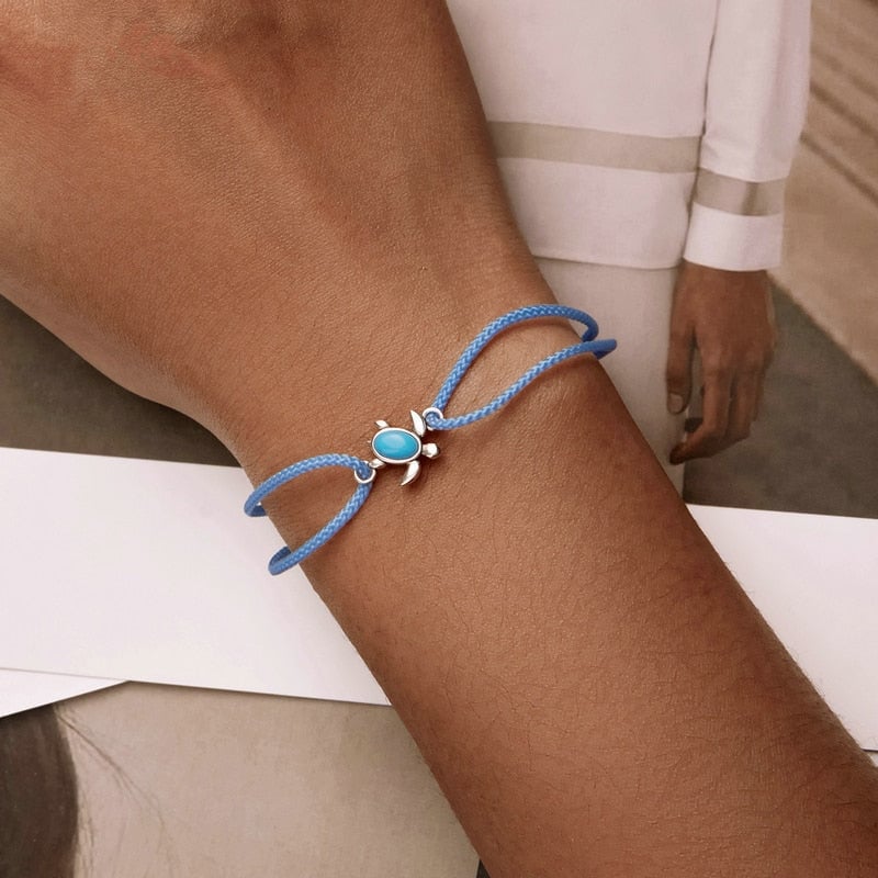 Bracelet Tortue <titolo_esteso><span>style marin en corde bleue ajustable avec tortue en argent 925 et pierre turquoise</span></titolo_esteso> - Image 2