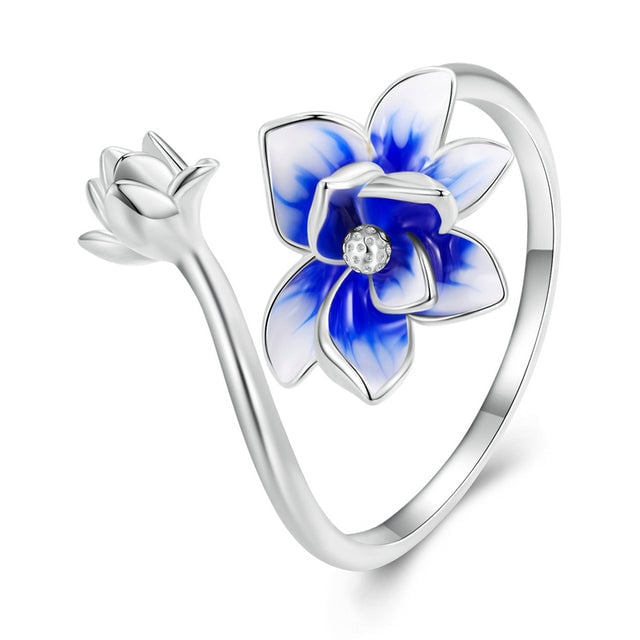 Bague Fleur de Lotus <titolo_esteso><span>en argent 925 plaqué or blanc ajustable émaillé à la main</span></titolo_esteso>