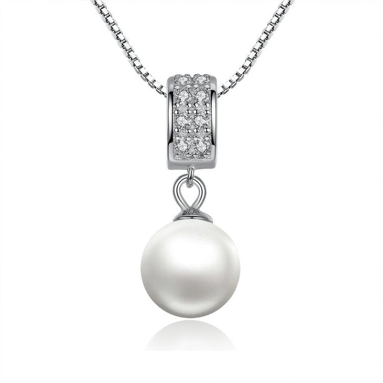 Collier Pendentif Perle <titolo_esteso><span>en argent 925 plaqué or blanc ajustable avec zircons blancs</span></titolo_esteso>