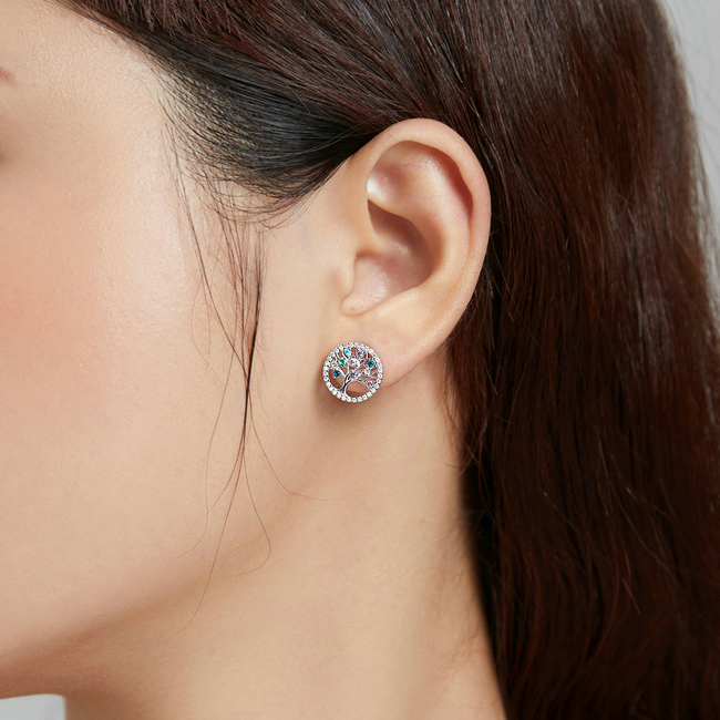 Boucles d’Oreilles Arbre de Vie <myopt><span>Puces en Argent Sterling 925 plaqué or blanc avec pavé de zircons colorés</span></myopt> - Image 2