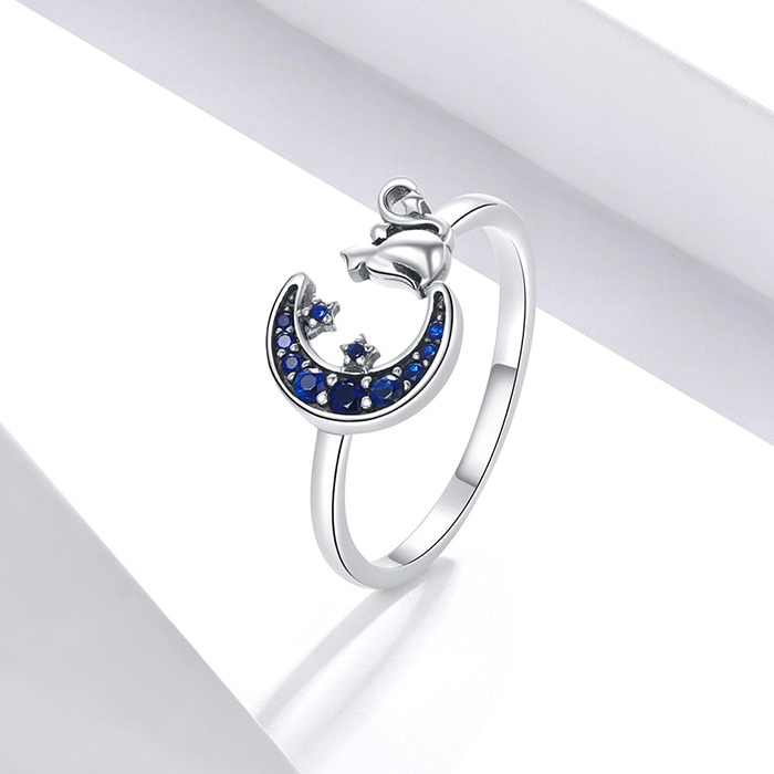 Bague Chat avec Lune <titolo_esteso><span>en argent 925 plaqué or blanc ajustable avec zircons bleus</span></titolo_esteso> - Image 3