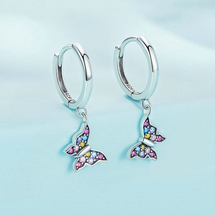 Boucles d’Oreilles Créoles Papillons Pendants <myopt><span>Argent sterling 925 plaqué or blanc avec pavé de zircons colorés</span></myopt> - Image 3