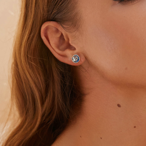 Boucles d'Oreilles Chat sur la Lune <titolo_esteso><span>en argent 925 plaqué or blanc avec zircons bleus</span></titolo_esteso> - Image 2