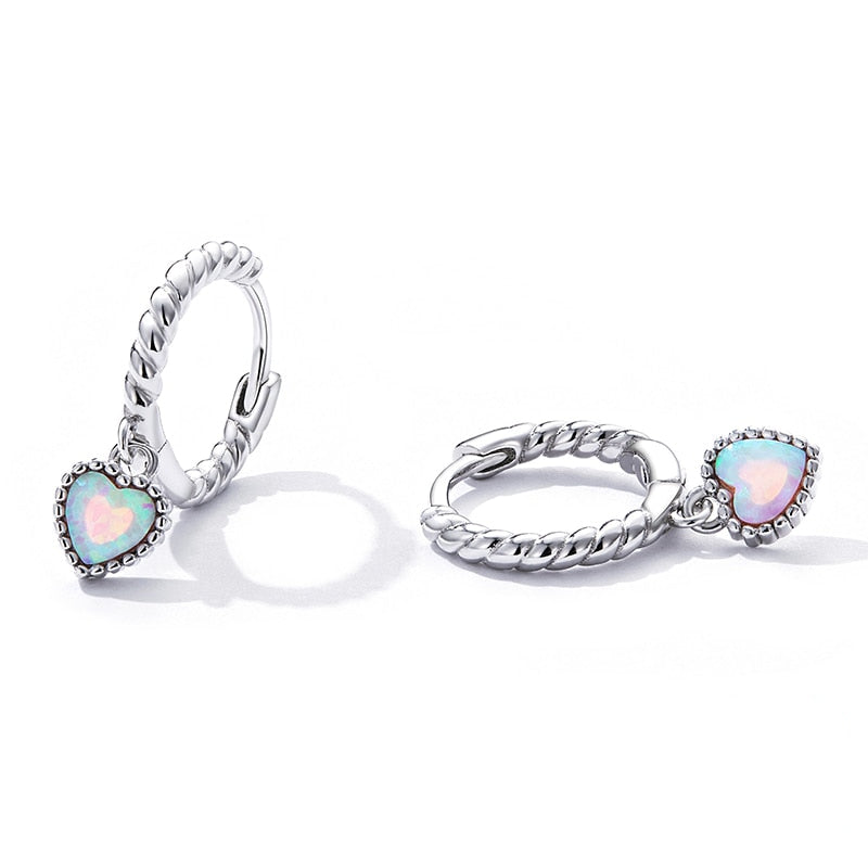 Boucles d'Oreilles Créoles avec Coeurs <titolo_esteso><span>en argent 925 plaqué or blanc avec opales</span></titolo_esteso> - Image 3