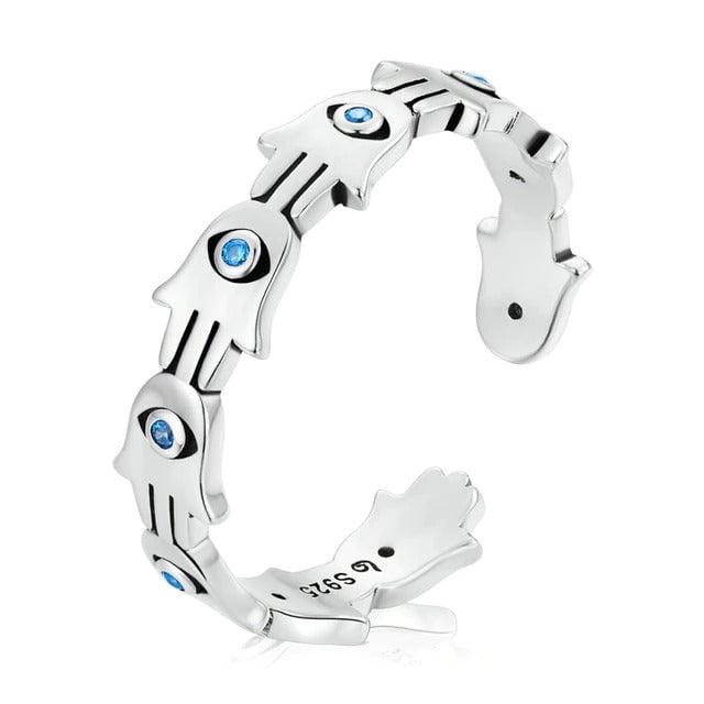 Bague Hamsa <titolo_esteso><span>en argent 925 plaqué or blanc ajustable avec zircons bleus</span></titolo_esteso>