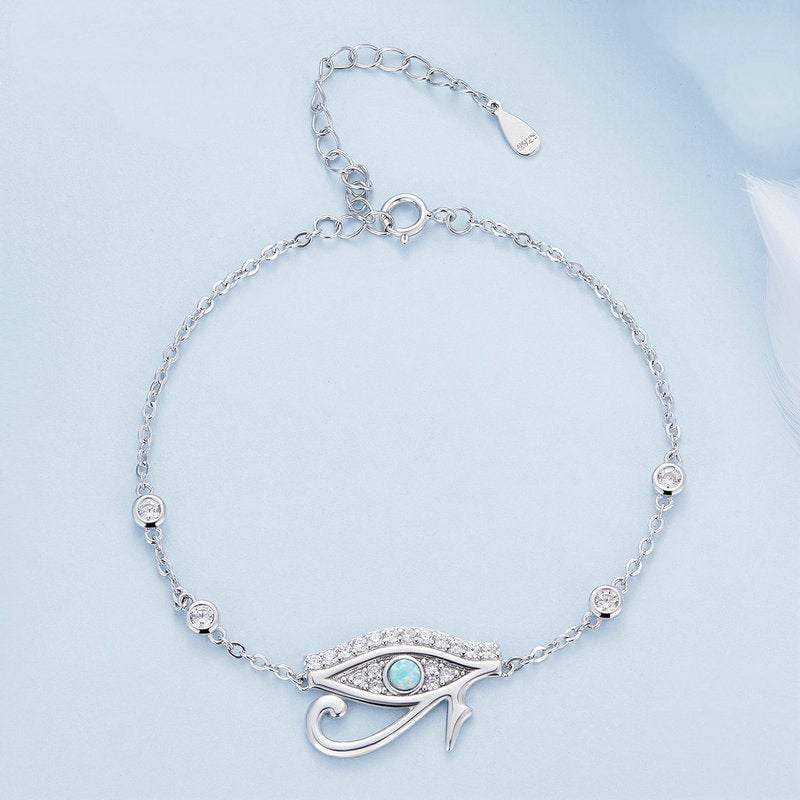 Bracelet Oeil d’Horus <myopt><span>Argent Sterling 925 plaqué or blanc avec zircons et opale avec fermoir ajustable</span></myopt> - Image 3