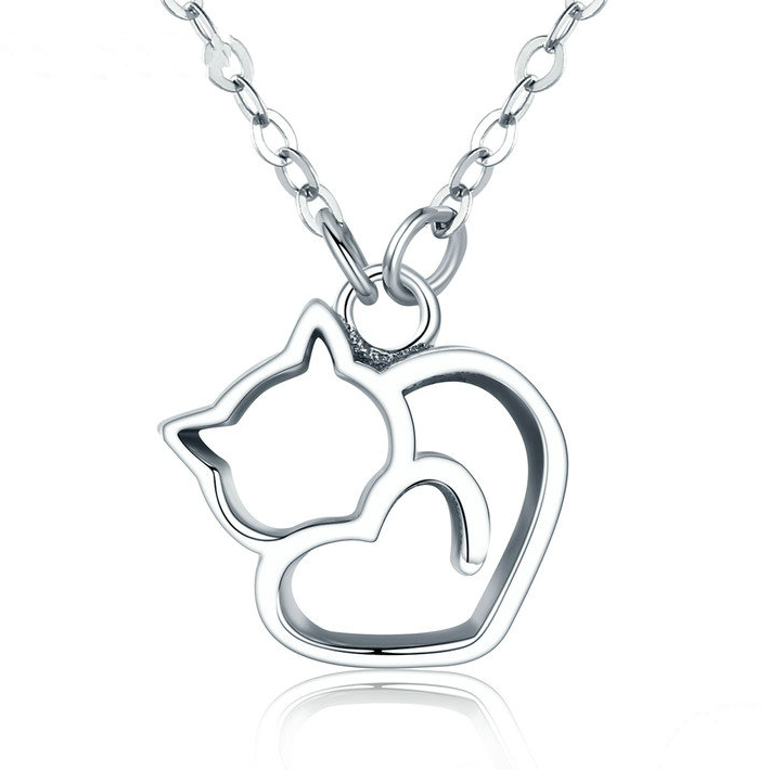 Collier Chat avec Coeur <titolo_esteso><span>en argent 925 plaqué or blanc</span></titolo_esteso>