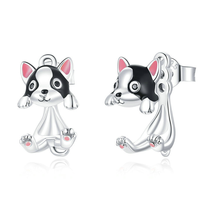 Boucles d'Oreilles Bouledogue Français <titolo_esteso><span>en argent 925 plaqué or blanc émaillé à la main</span></titolo_esteso>