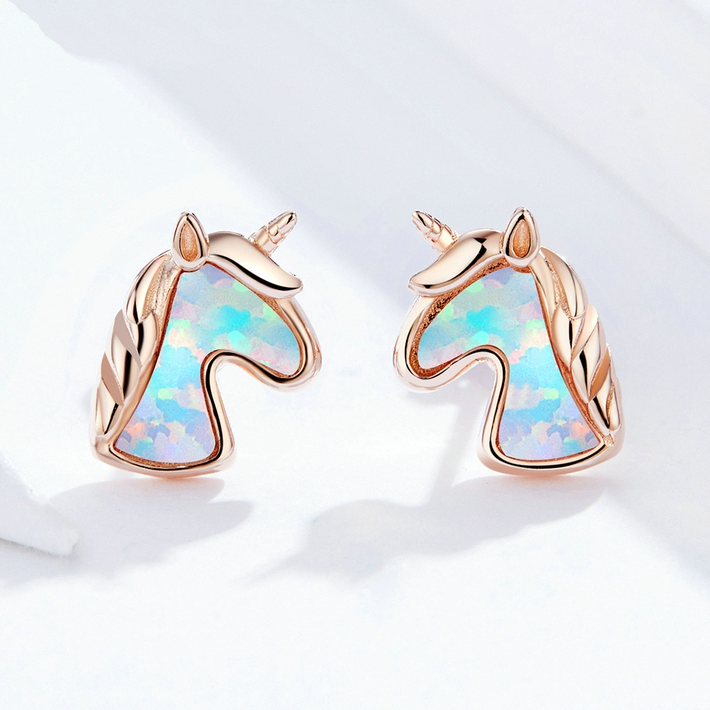 Boucles d’Oreilles Licorne avec Opales <myopt><span>Puces en Argent Sterling 925 plaqué or rose avec opales</span></myopt> - Image 3