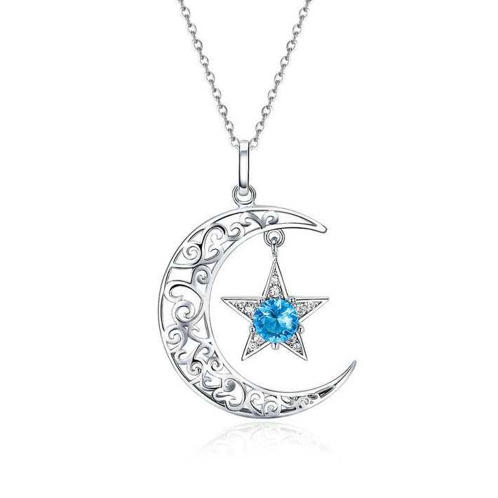 Collier Lune et Étoile <myopt><span>Argent Sterling 925 plaqué or blanc avec zircons blancs et bleus</span></myopt>