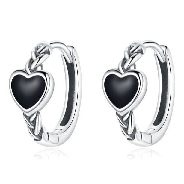Boucles d'Oreilles Créoles Coeurs <titolo_esteso><span>en argent 925 plaqué or blanc avec pierre d'onyx</span></titolo_esteso>