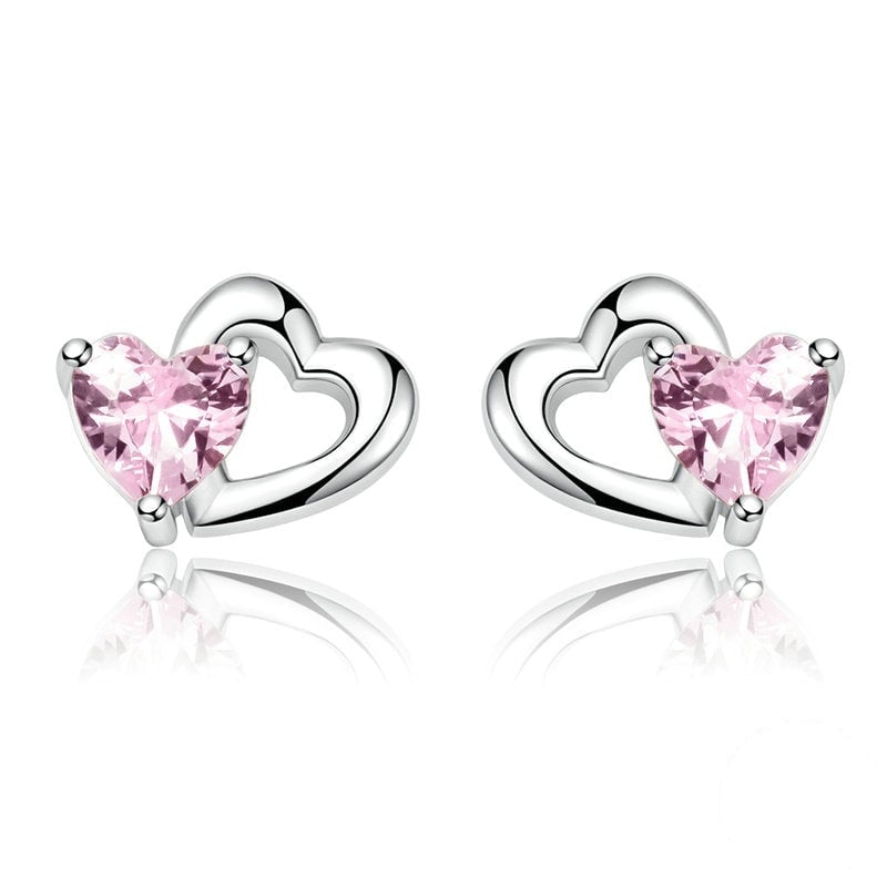 Boucles d'Oreilles Coeurs <titolo_esteso><span>en argent 925 plaqué or blanc avec zircons roses</span></titolo_esteso>