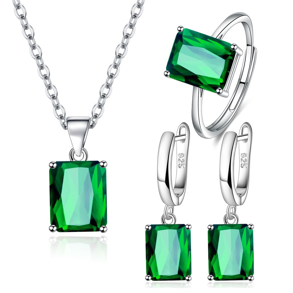 Parure de Bijoux <myopt><span>Argent Sterling 925 plaqué or blanc avec collier, boucles d’oreilles et bague ajustable avec zircons verts</span></myopt>