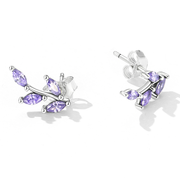Boucles d'Oreilles Feuilles <titolo_esteso><span>en argent 925 plaqué or blanc avec zircons violets</span></titolo_esteso> - Image 3