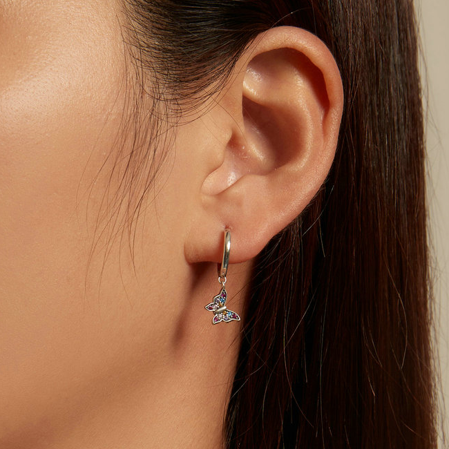 Boucles d’Oreilles Créoles Papillons Pendants <myopt><span>Argent sterling 925 plaqué or blanc avec pavé de zircons colorés</span></myopt> - Image 2