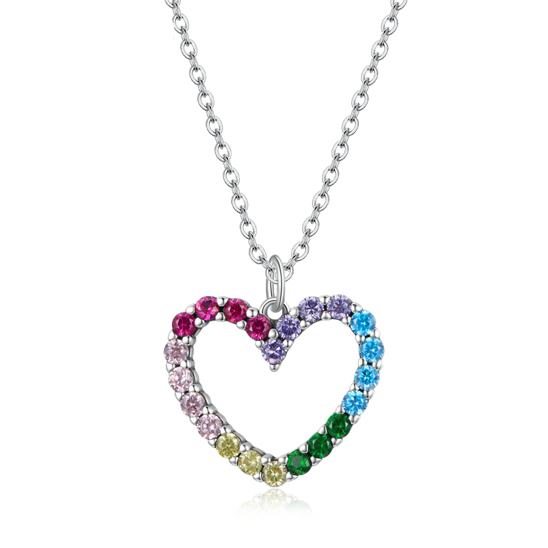 Collier Coeur Arc-en-Ciel <titolo_esteso><span>en argent 925 plaqué or blanc ajustable avec zircons colorés</span></titolo_esteso>
