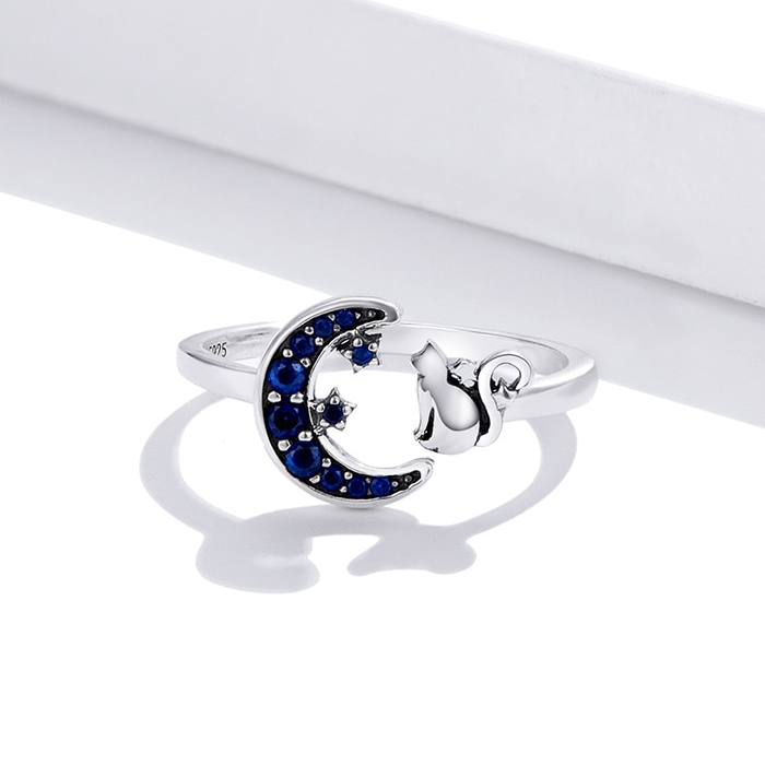 Bague Chat avec Lune <titolo_esteso><span>en argent 925 plaqué or blanc ajustable avec zircons bleus</span></titolo_esteso> - Image 4
