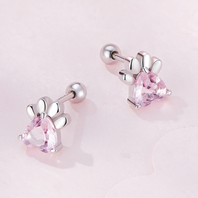 Boucles d'Oreilles Petites Pattes <titolo_esteso><span>en argent 925 plaqué or blanc avec zircons roses</span></titolo_esteso> - Image 4