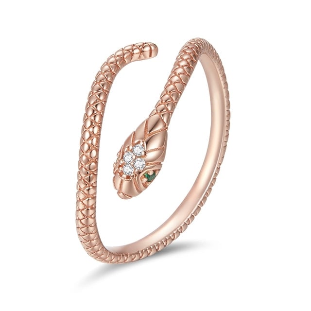 Bague Serpent Cobra Royal <titolo_esteso><span>en argent 925 plaqué or rose ajustable avec pavé de zircons blancs et verts</span></titolo_esteso>