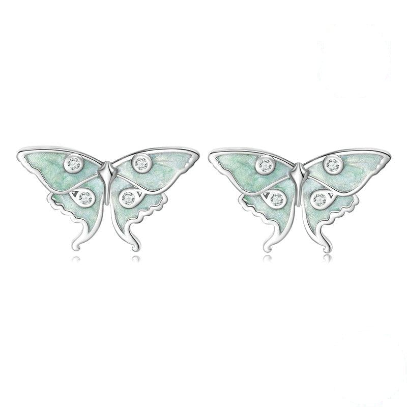 Boucles d'Oreilles Papillons <titolo_esteso><span>en argent 925 plaqué or blanc émaillées verts avec zircons blancs</span></titolo_esteso>