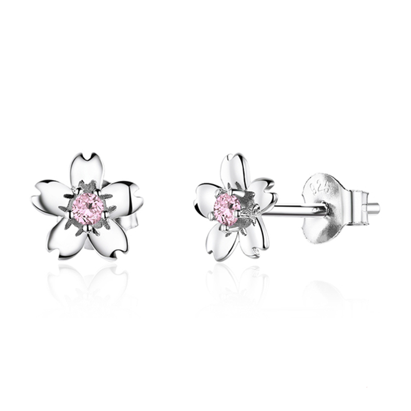 Boucles d'Oreilles Fleurs de Cerisier <titolo_esteso><span>en argent 925 plaqué or blanc avec zircons roses</span></titolo_esteso>
