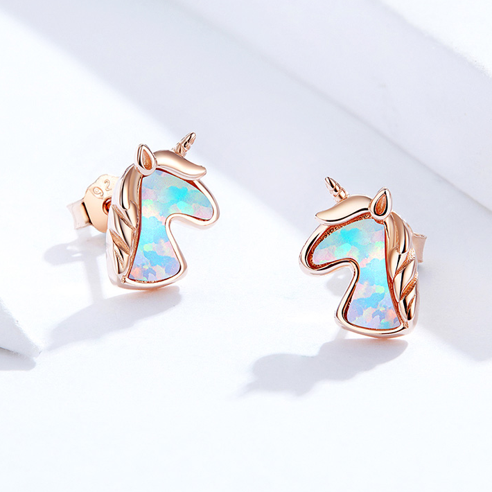 Boucles d’Oreilles Licorne avec Opales <myopt><span>Puces en Argent Sterling 925 plaqué or rose avec opales</span></myopt> - Image 4