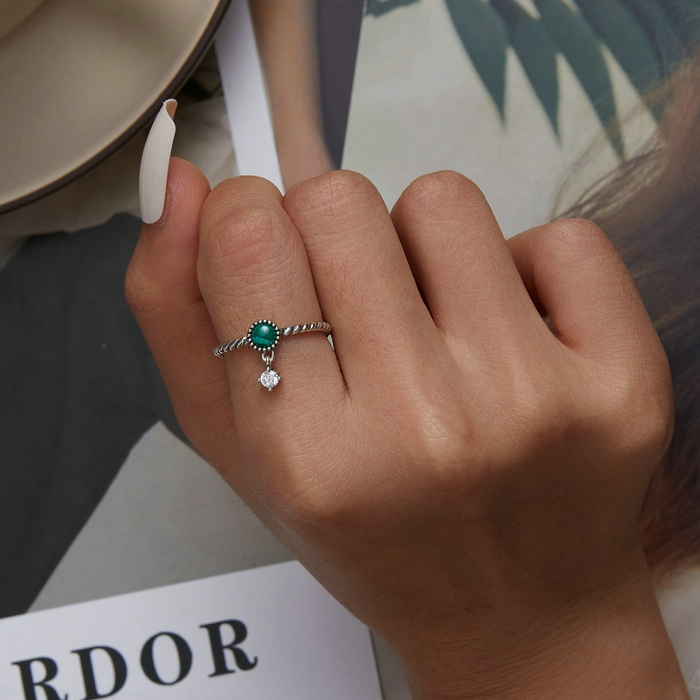 Bague Malachite <titolo_esteso><span>en argent 925 plaqué or blanc ajustable avec pendentif zircon blanc</span></titolo_esteso> - Image 2