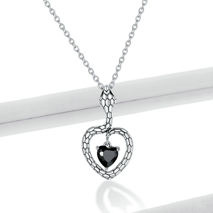 Collier Serpent Coeur Noir <titolo_esteso><span>en argent 925 plaqué or blanc ajustable avec zircon noir</span></titolo_esteso> - Image 3