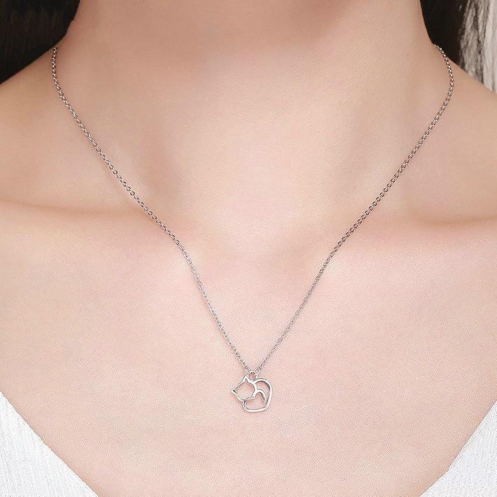 Collier Chat avec Coeur <titolo_esteso><span>en argent 925 plaqué or blanc</span></titolo_esteso> - Image 2