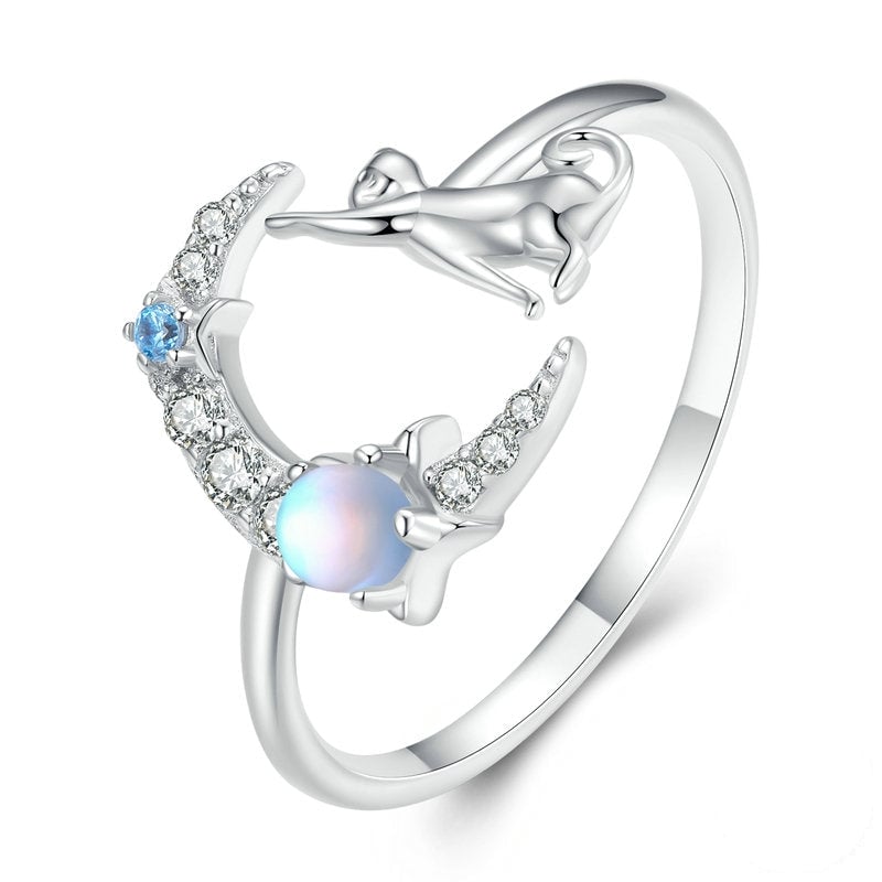Bague Chat Lune et Étoiles <titolo_esteso><span>en argent 925 plaqué or blanc ajustable avec pierre de lune et zircons blancs et bleus</span></titolo_esteso>
