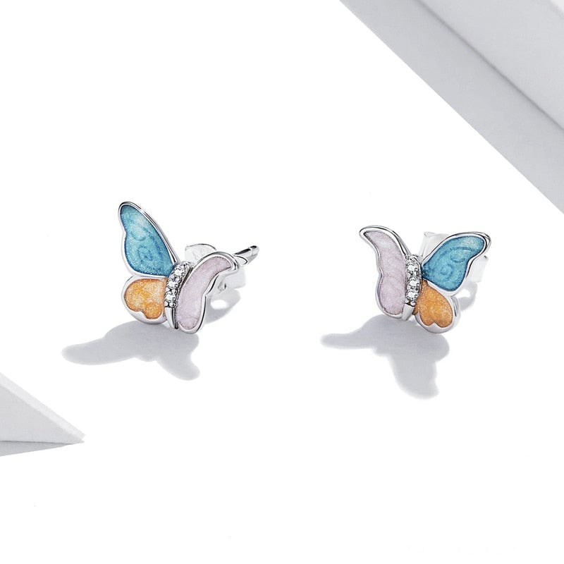 Boucles d'Oreilles Papillons <titolo_esteso><span>en argent 925 plaqué or blanc émaillé à la main avec zircons blancs</span></titolo_esteso> - Image 3