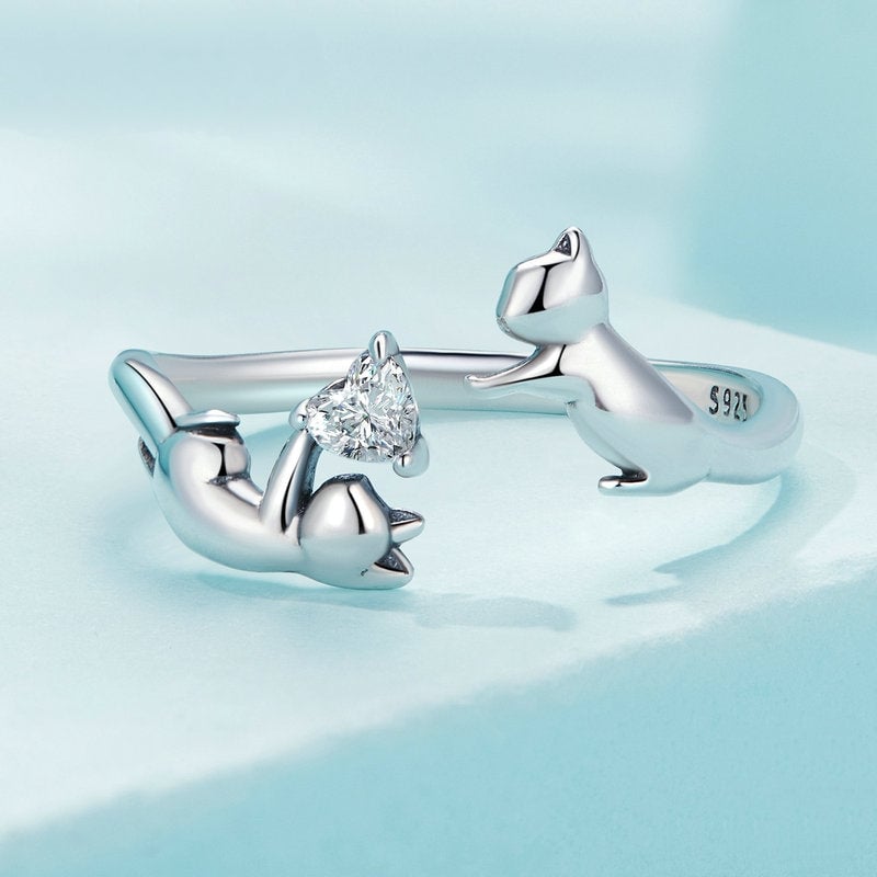 Bague Chats <titolo_esteso><span>en argent 925 plaqué or blanc ajustable avec coeur en zircon blanc</span></titolo_esteso> - Image 3