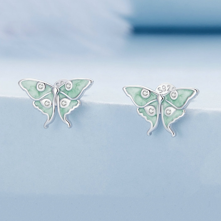 Boucles d'Oreilles Papillons <titolo_esteso><span>en argent 925 plaqué or blanc émaillées verts avec zircons blancs</span></titolo_esteso> - Image 3