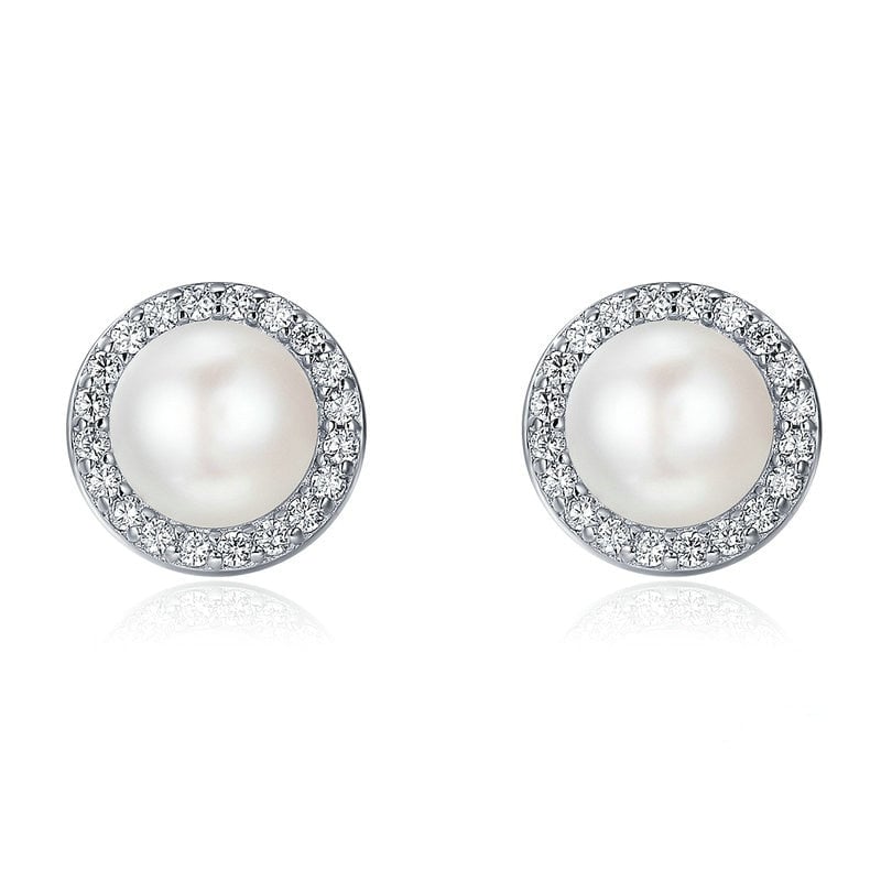 Boucles d'Oreilles Perles <titolo_esteso><span>en argent 925 plaqué or blanc avec zircons blancs</span></titolo_esteso>