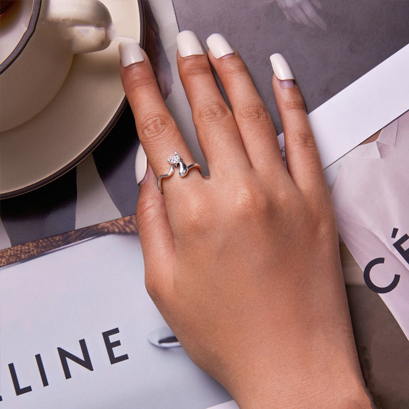 Bague Chat en argent 925 plaqué or blanc ajustable avec zircons blancs - Photo 2