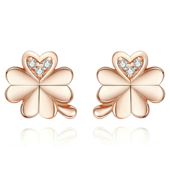 Boucles d'Oreilles Trèfle à Quatre Feuilles <titolo_esteso><span>en argent 925 plaqué or rose avec zircons blancs</span></titolo_esteso>