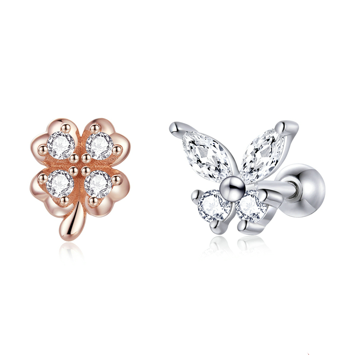 Boucles d'Oreilles Papillon et Trèfle à Quatre Feuilles <titolo_esteso><span>en argent 925 plaqué or blanc et or rose avec zircons blancs</span></titolo_esteso>