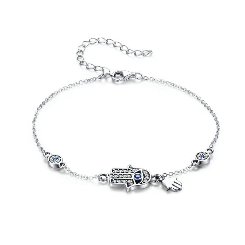 Bracelet Hamsa <titolo_esteso><span>en argent 925 plaqué or blanc ajustable avec zircons blancs et bleus</span></titolo_esteso>