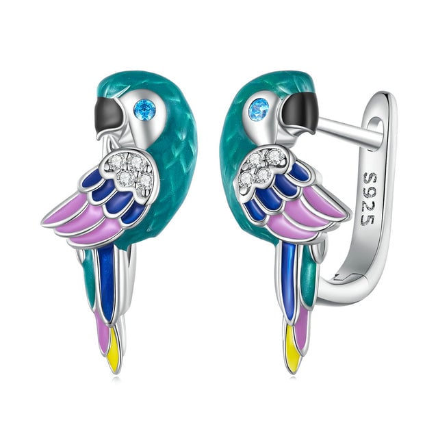 Boucles d'Oreilles Perroquets <titolo_esteso><span>en argent 925 plaqué or blanc émaillé à la main avec zircons blancs et bleus</span></titolo_esteso>