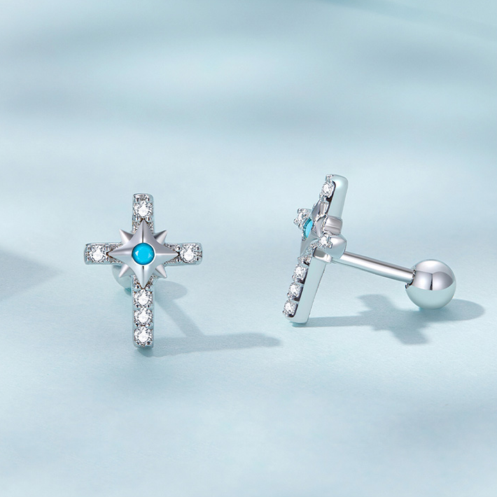 Boucles d’Oreilles Croix Brillantes <myopt><span>Puces en Argent Sterling 925 plaqué or blanc avec pavé de zircons</span></myopt> - Image 3